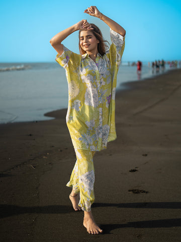 Lemon color Floral Print Natural Crepe Straight Co-Ords earthofab