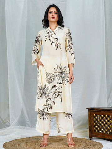 Off-White Natural Crepe Coord Set with Black Floral Prints & Sequin Detailing
