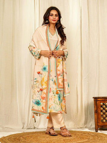 Off-White Watercolor Floral Muslin Kurta Set with Handwork & Tassel Dupatta