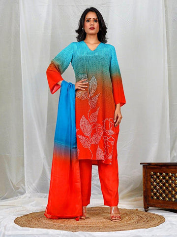Blue & Red Ombre Bandhani Floral Print Natural Crepe Kurta Set with Hand Embellishments