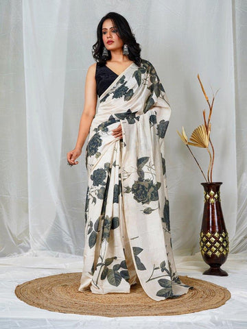 Ethereal Elegance: Off-White & Black Floral Chanderi Saree