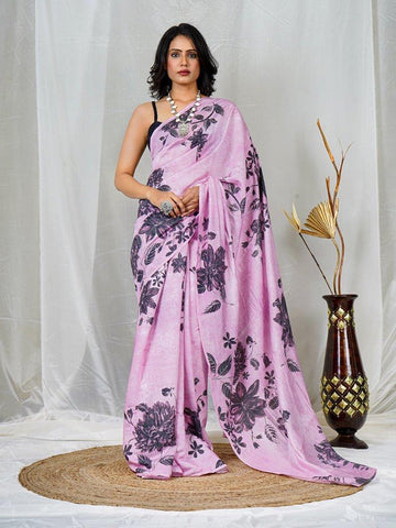 Elegant Chanderi Pink Floral Saree – Timeless Grace & Sophistication