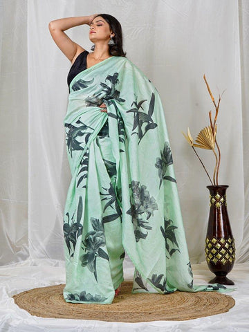 Symphony of Elegance and Grace – Pastel Green Chanderi Floral Saree