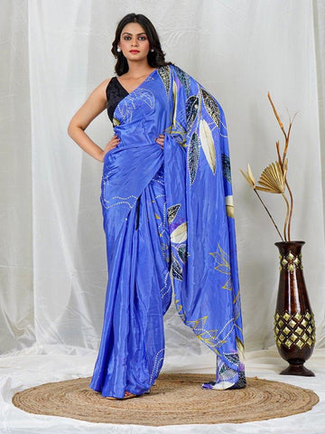 Royal Blue Multicolor Floral Print Natural Crepe Saree
