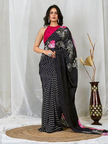 Black Multicolor Floral Print Natural Crepe Saree