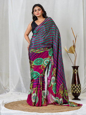 Multicolor Floral Print Natural Crepe Saree | Elegant Festive & Evening Wear
