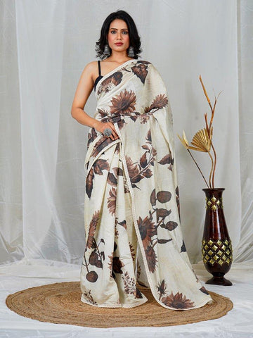 Elegant Off-White Chanderi Saree with Black Floral Print – Timeless Grace