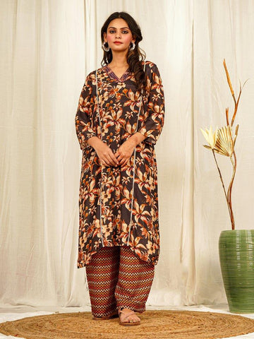 Elegant Dark Brown Natural Crepe Floral Print Kurta Set with Handwork and Geometric Palazzo