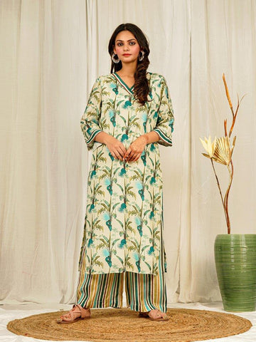 Fresh Cream Tropical Print V-Neck Kurta with Striped Edging & Palazzo