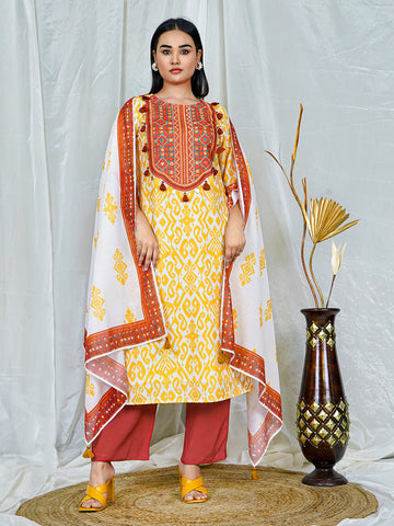 Women's Yellow Ikat Kurta Set with Rust Embroidery & Dupatta