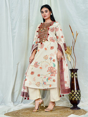 Off-White Floral Print Kurta Set with Embroidered Yoke & Dupatta – 3-Piece Ethnic Wear
