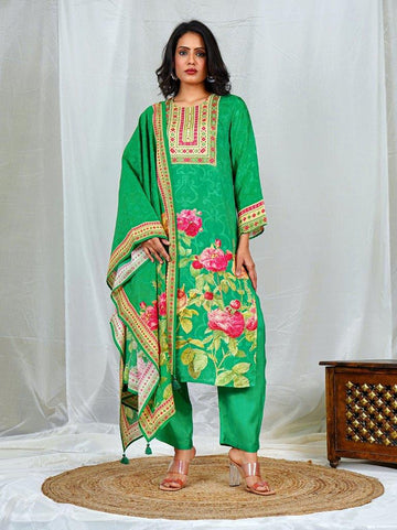 Green Floral Printed Muslin Kurta Set