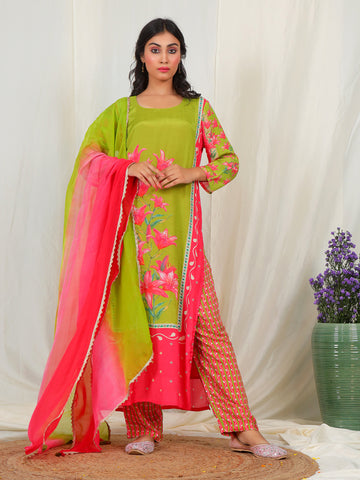 Green Floral Print Muslin Crepe Kurta Pant Set with Dupatta and Handwork