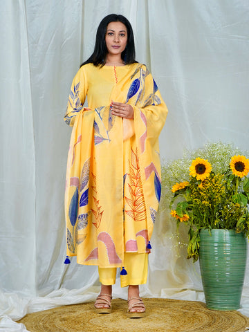 Sunshine Yellow Kurta Set with Artistic Leaf Dupatta