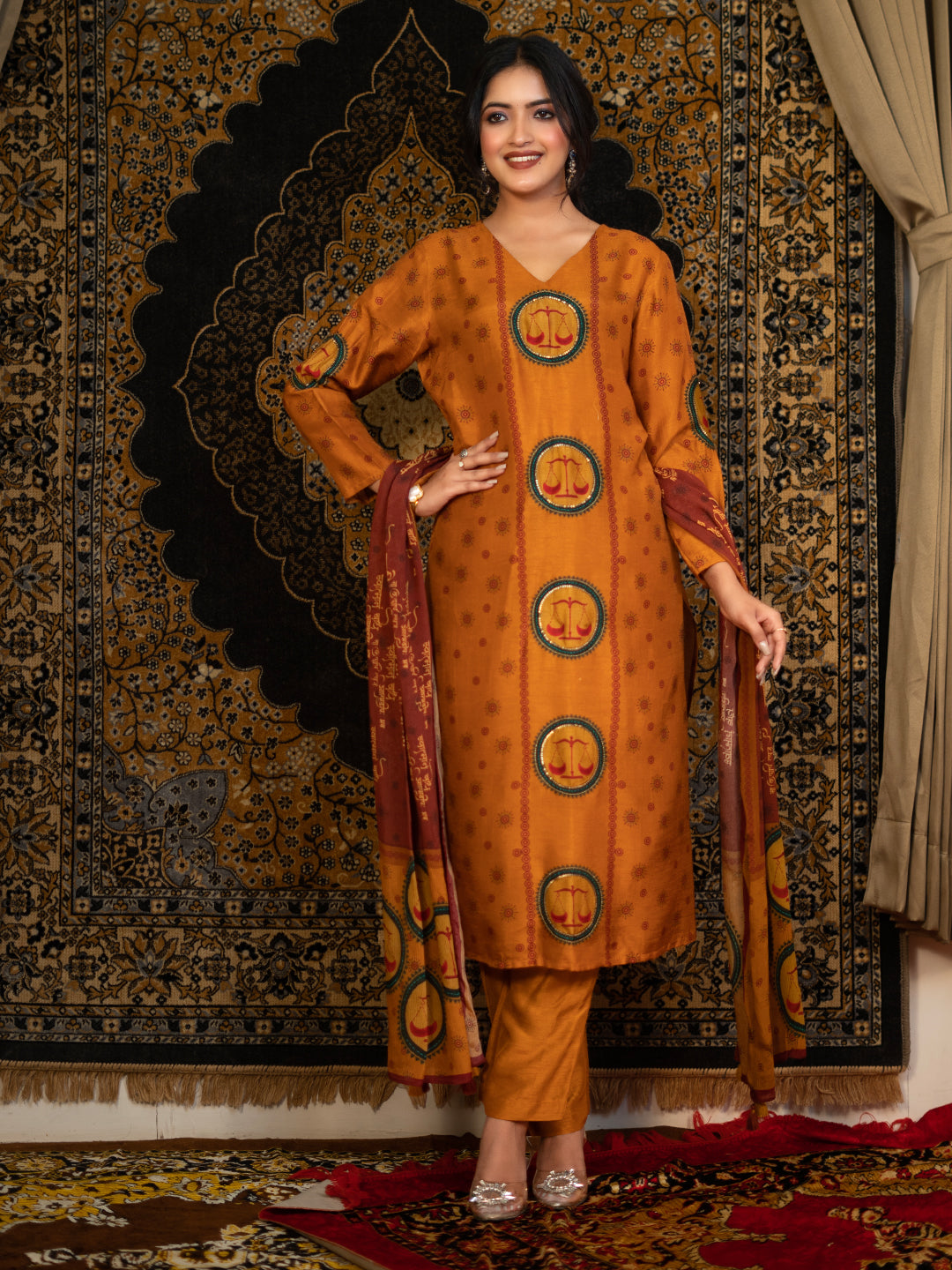 Libra - Orange Astro Fashion Based Raw Silk Top Bottom Dupatta Set with Sequence Pot Work earthofab