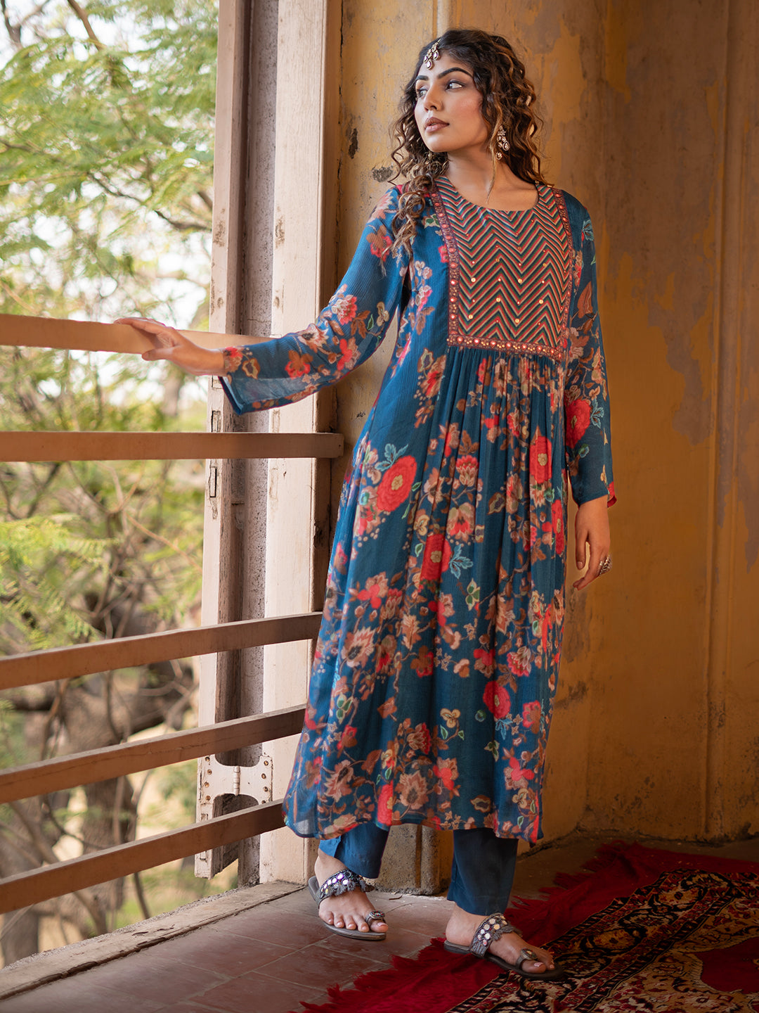 Blue color chintz flower Digital Print Chinnon Straight Kurta Pant Set with Dupatta earthofab