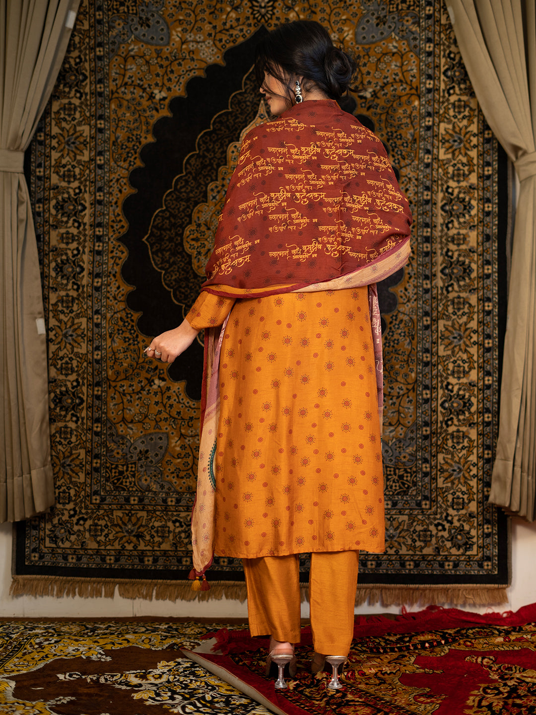 Libra - Orange Astro Fashion Based Raw Silk Top Bottom Dupatta Set with Sequence Pot Work earthofab