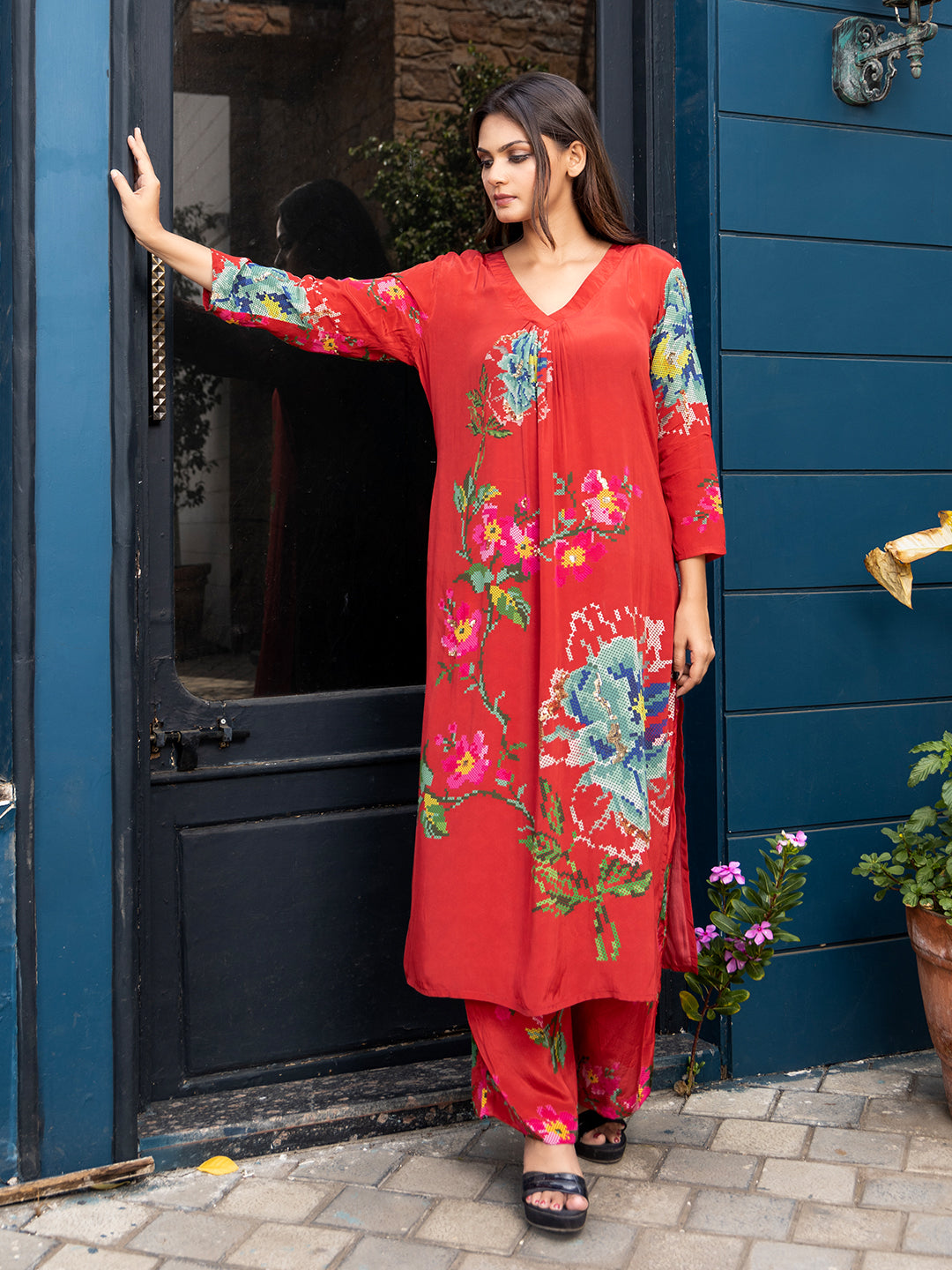 Red Color Cross-Stitch Based Natural Crepe Straight Kurta Set with Hand Embroidery earthofab