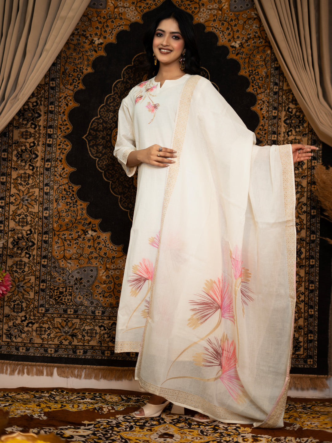 Off-white color Cotton Jacquard Solid Cotton Straight Kurta Pant Set with Dupatta earthofab