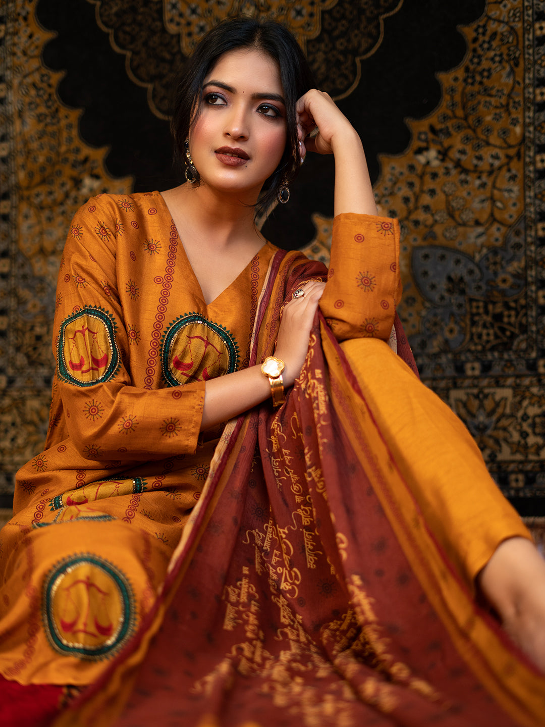 Libra - Orange Astro Fashion Based Raw Silk Top Bottom Dupatta Set with Sequence Pot Work earthofab