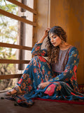 Blue color chintz flower Digital Print Chinnon Straight Kurta Pant Set with Dupatta earthofab