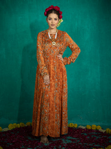 Orange color Kalamkari Based Digital Printed Chinnon Straight Dresses & Gowns earthofab