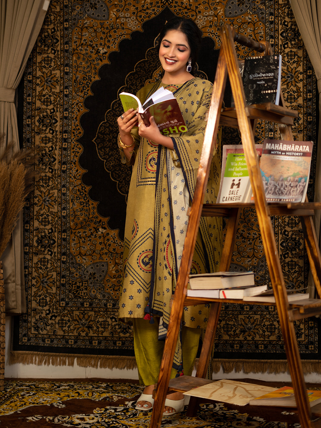 Pisces - Olive Green Astro Fashion Based Raw Silk Top Bottom Dupatta Set with Treadle Work earthofab