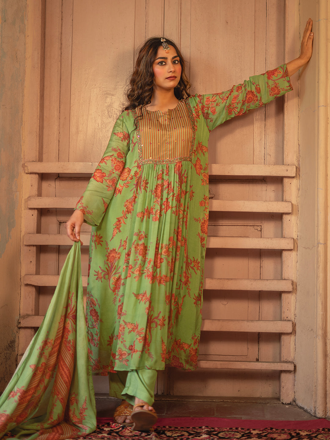 Light Green color chintz flower Digital Print Chinnon Straight Kurta Pant Set with Dupatta earthofab