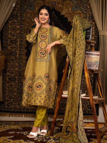 Pisces - Olive Green Astro Fashion Based Raw Silk Top Bottom Dupatta Set with Treadle Work earthofab