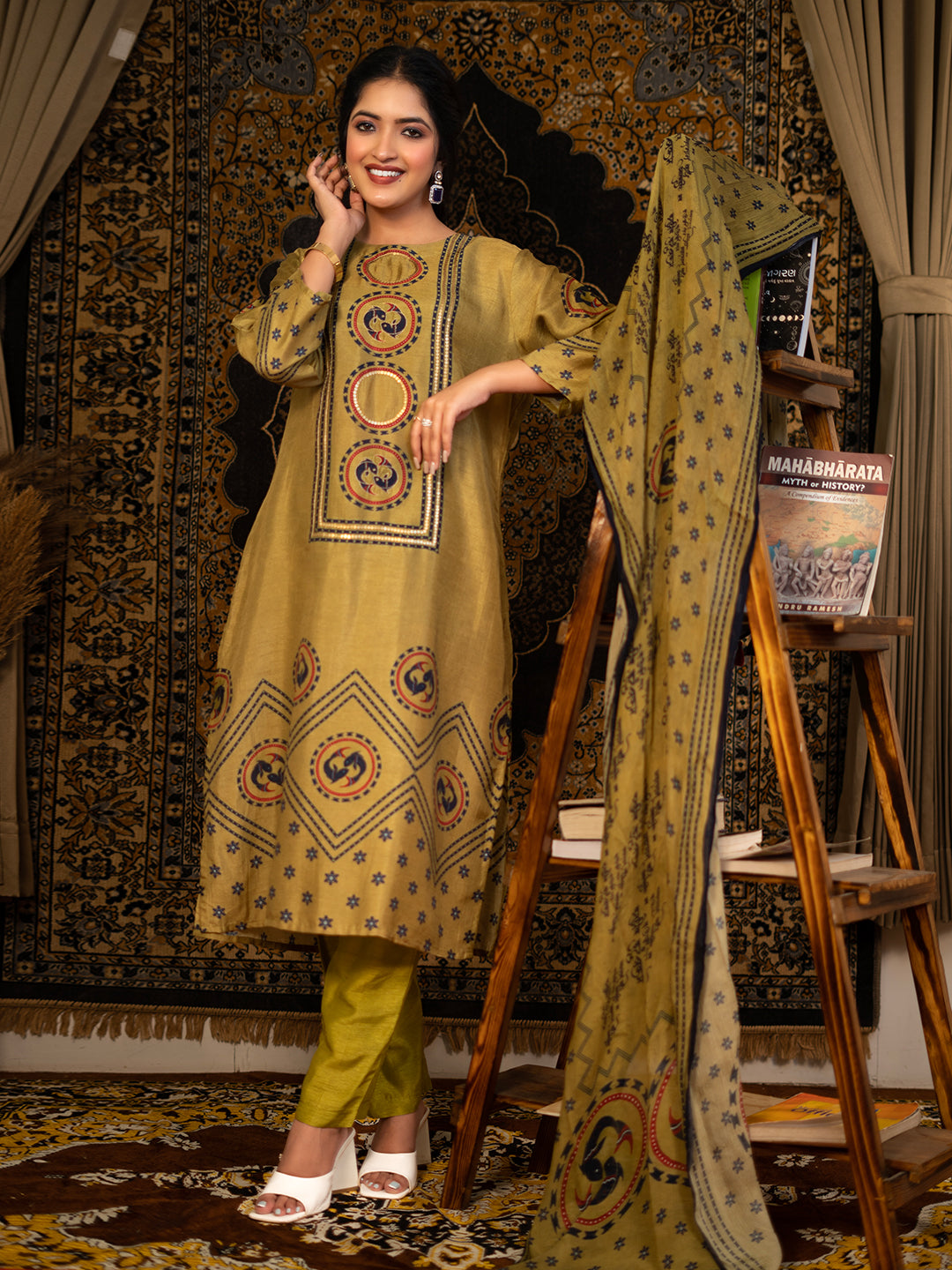 Pisces - Olive Green Astro Fashion Based Raw Silk Top Bottom Dupatta Set with Treadle Work earthofab