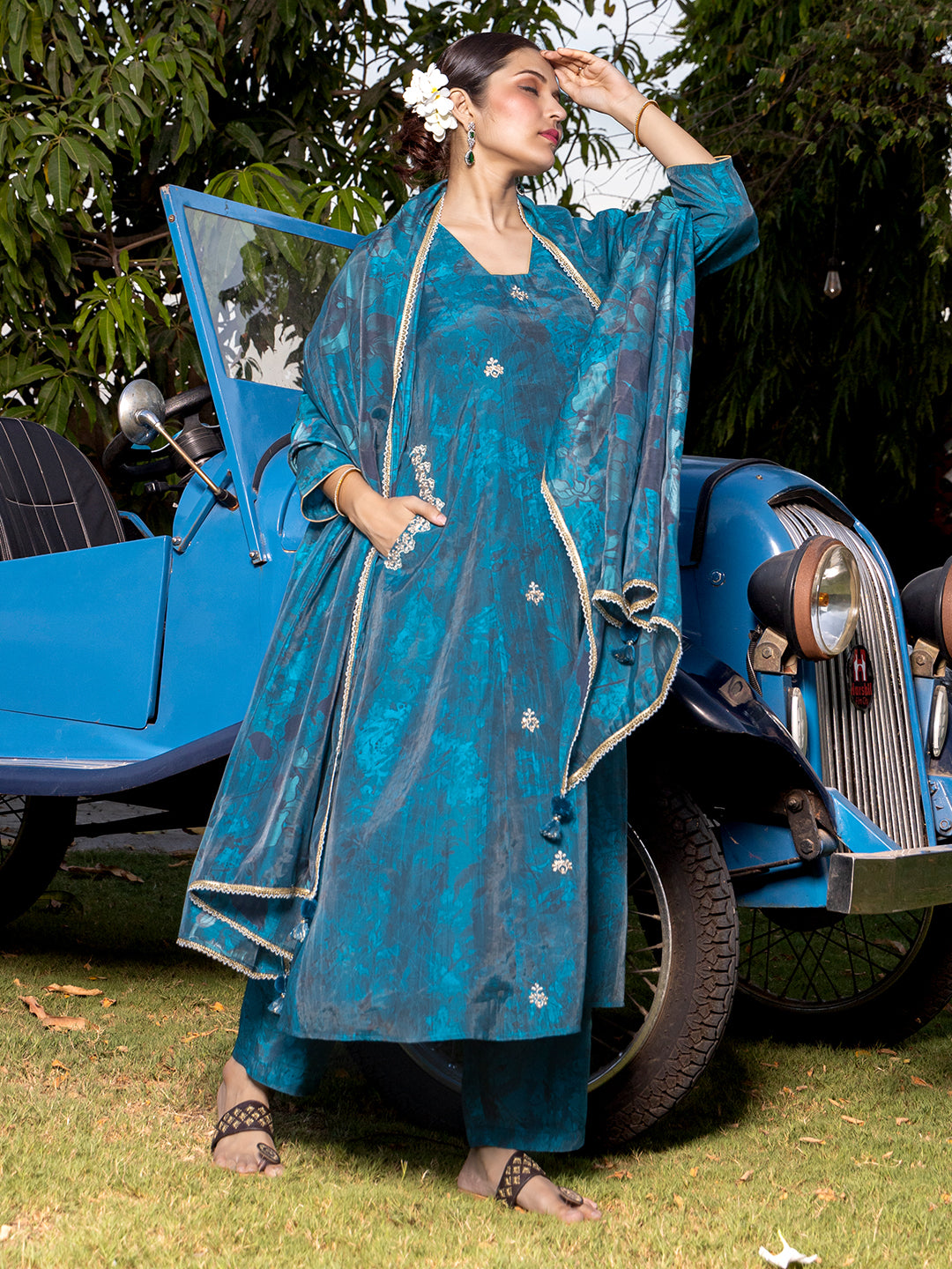 Cord work Chanderi Kurta Pant Set with Dupatta with Self - Design - Blue earthofab