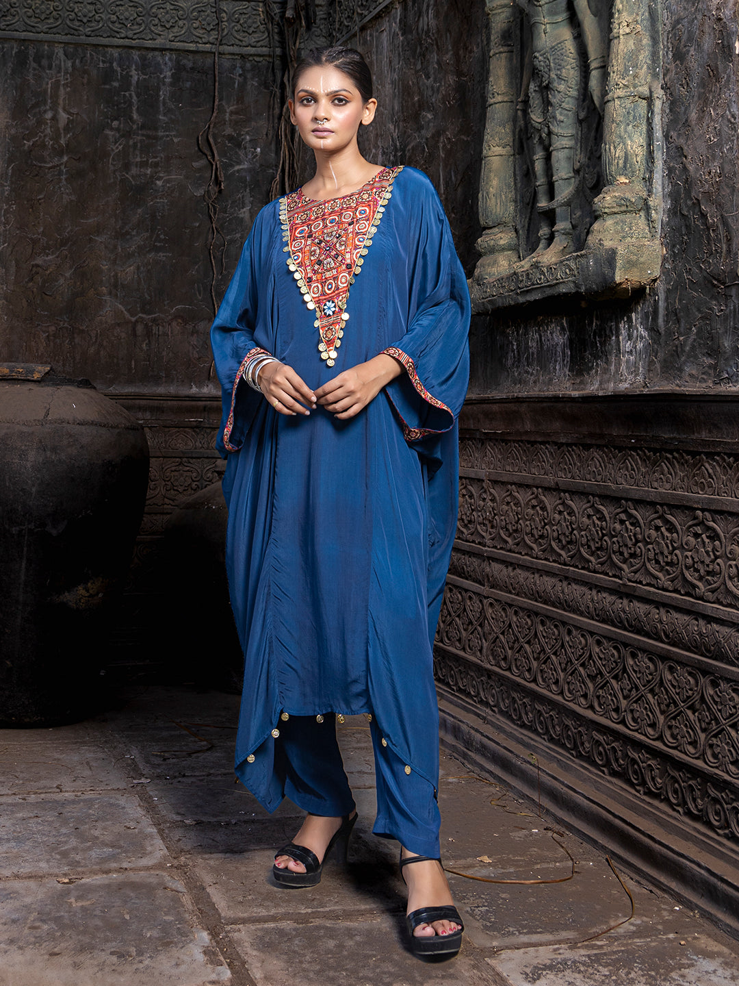 Blue Solid Color Based Natural Crepe Kaftan with Bottom with Hand Embroidery earthofab