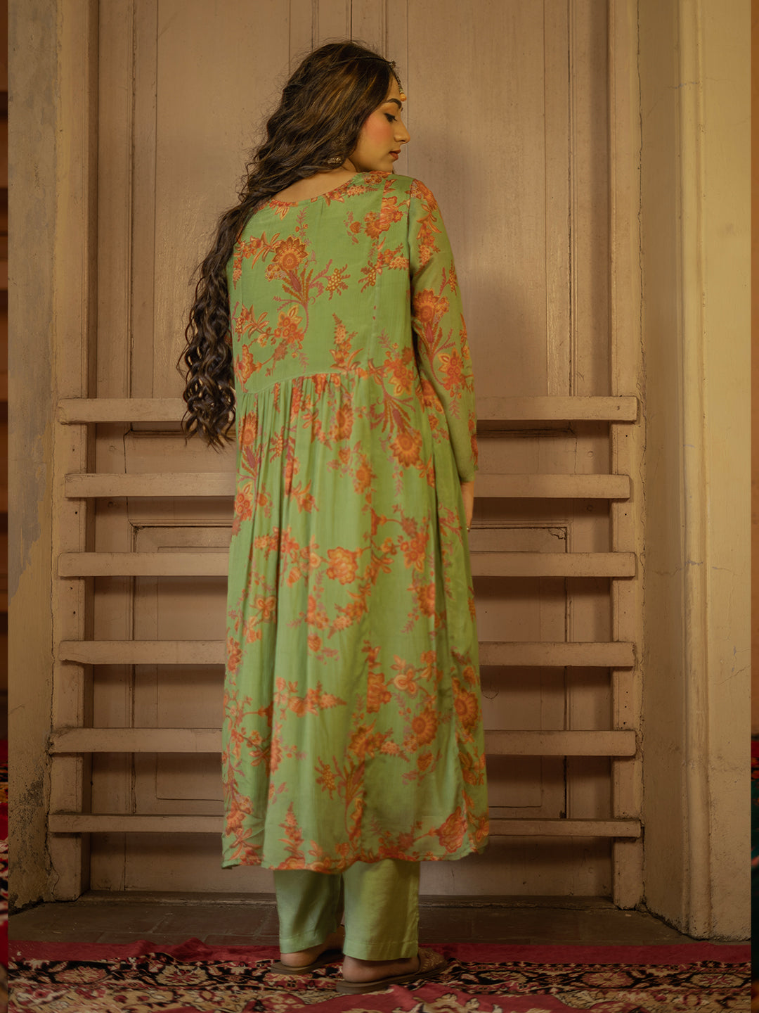 Light Green color chintz flower Digital Print Chinnon Straight Kurta Pant Set with Dupatta earthofab