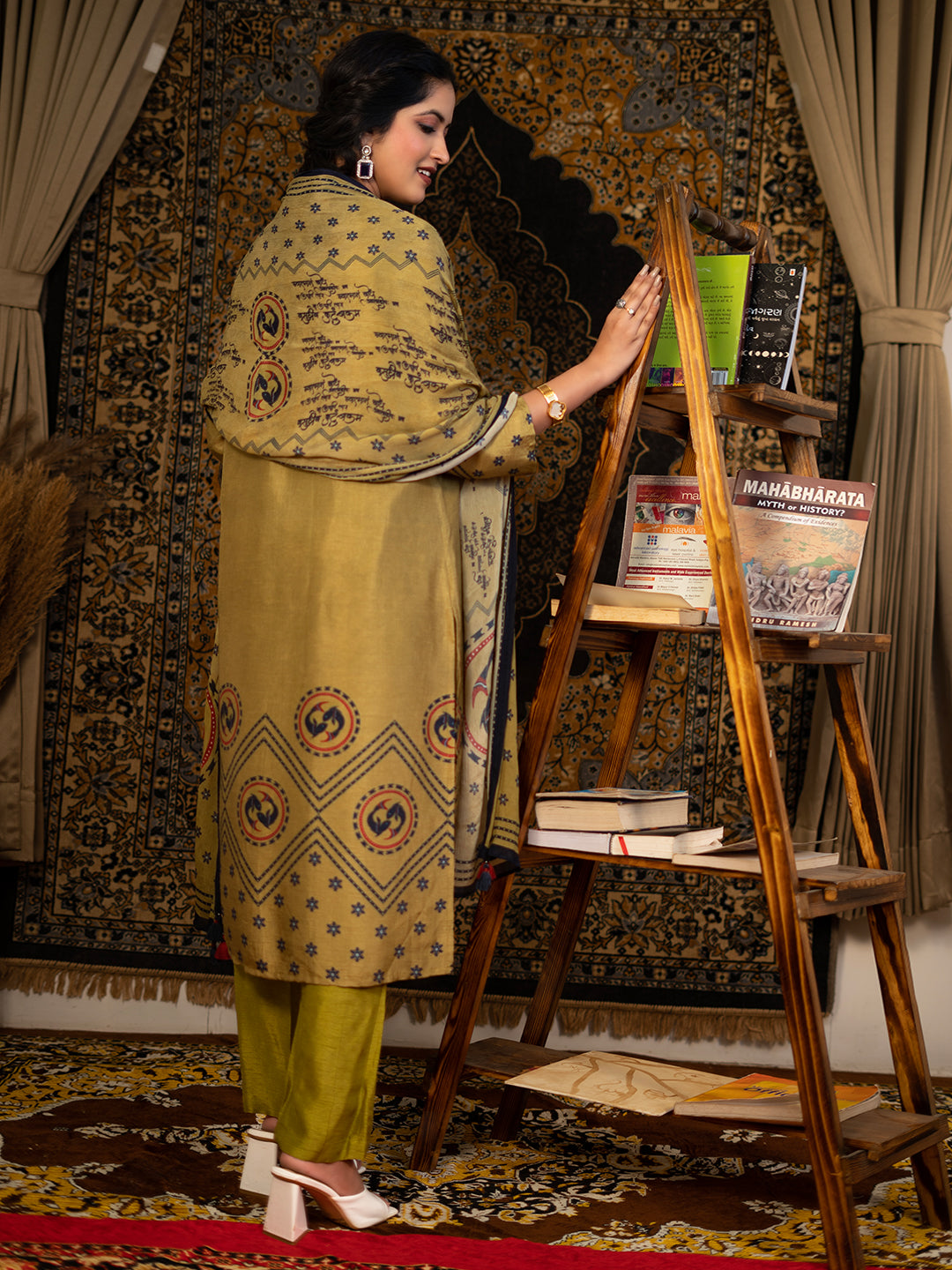 Pisces - Olive Green Astro Fashion Based Raw Silk Top Bottom Dupatta Set with Treadle Work earthofab