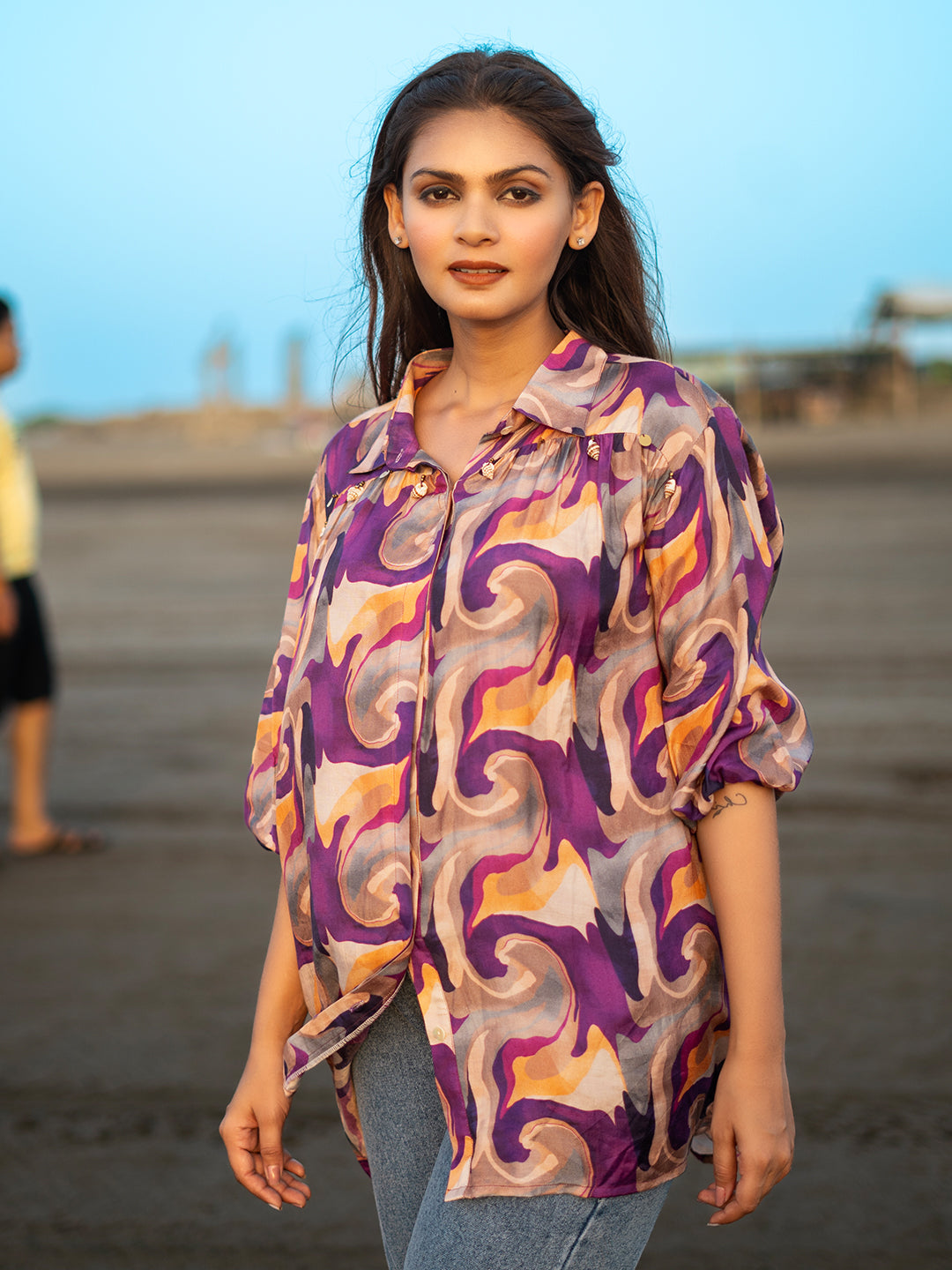 Purple Color Muslin Shirt Top with Abstract Print & Shells earthofab