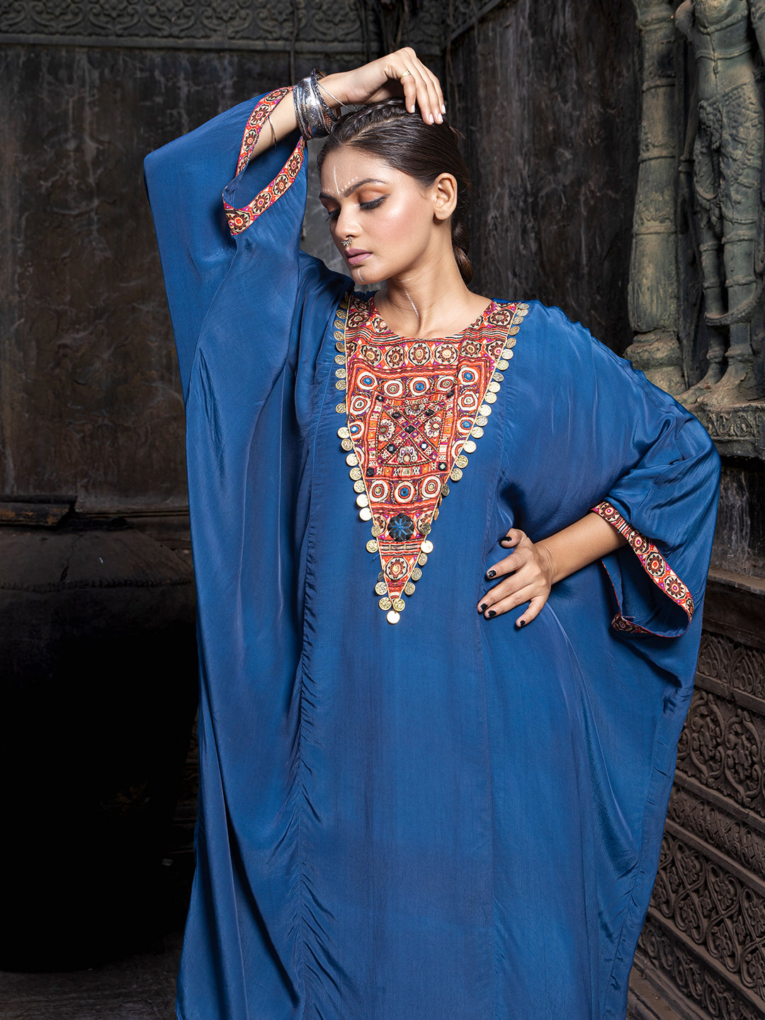 Blue Solid Color Based Natural Crepe Kaftan with Bottom with Hand Embroidery earthofab