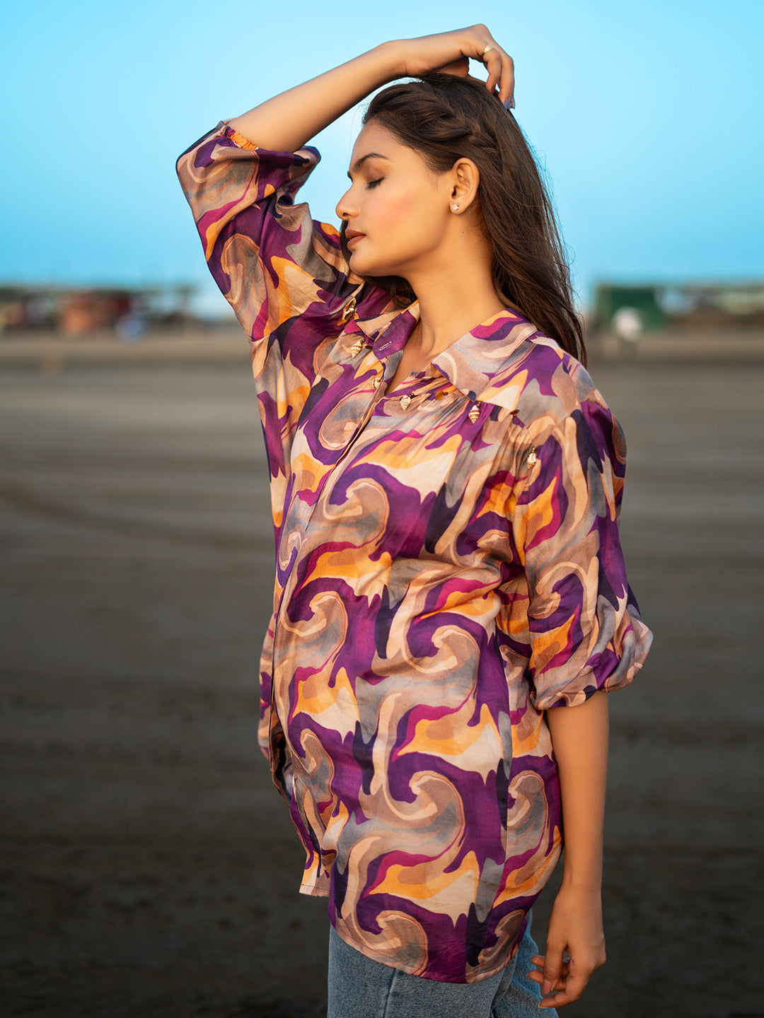 Purple Color Muslin Shirt Top with Abstract Print & Shells earthofab