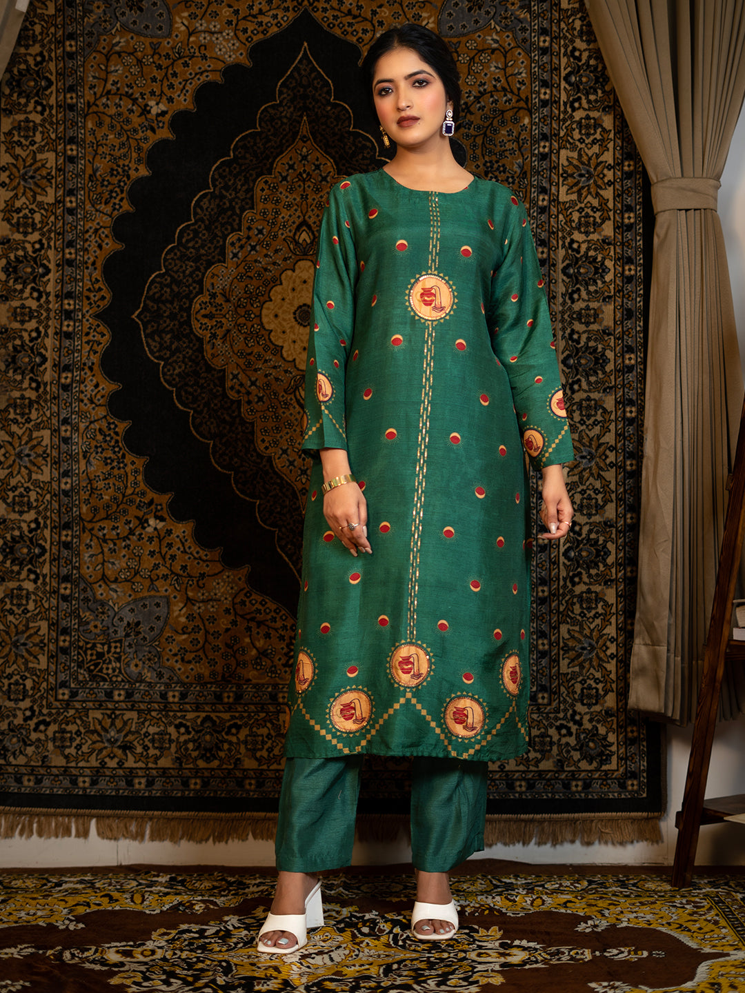 Aquarius - Bottle-Green Astro Fashion Based Raw Silk Top Bottom Dupatta Set with Sequence Hand Work earthofab