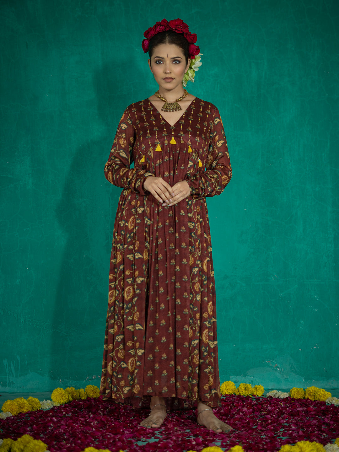 Dark Brown color Kalamkari Based Digital Printed Chinnon Straight Dresses & Gowns earthofab