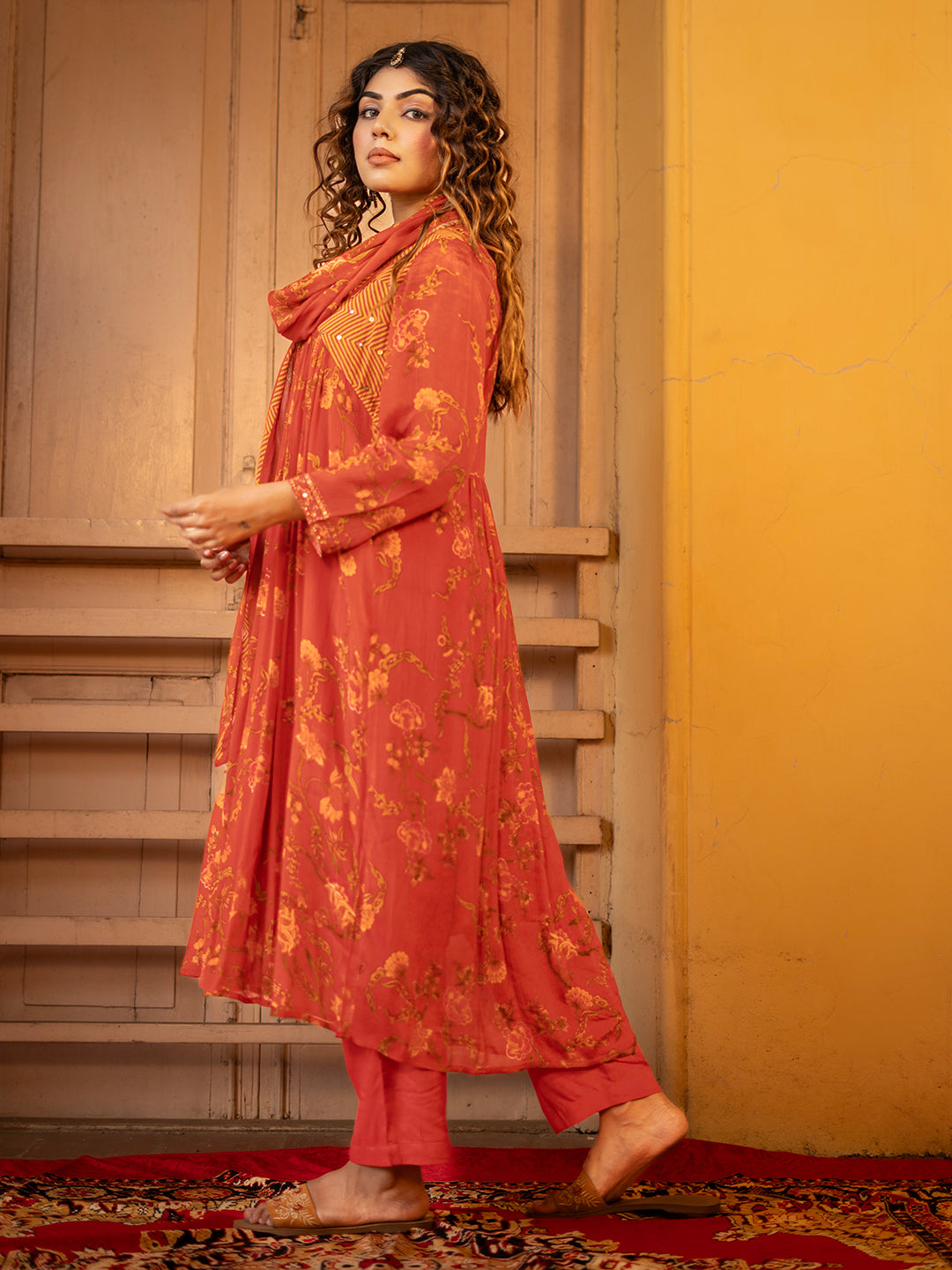 Orange color chintz flower Digital Print Chinnon Straight Kurta Pant Set with Dupatta earthofab