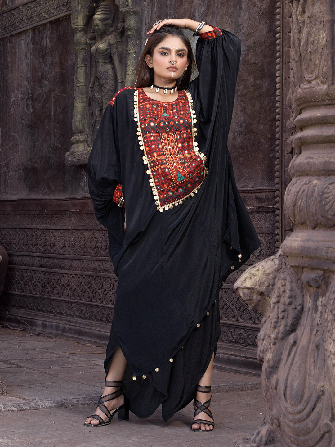 Black Solid Color Based Natural Crepe Kaftan with Bottom with Hand Embroidery earthofab