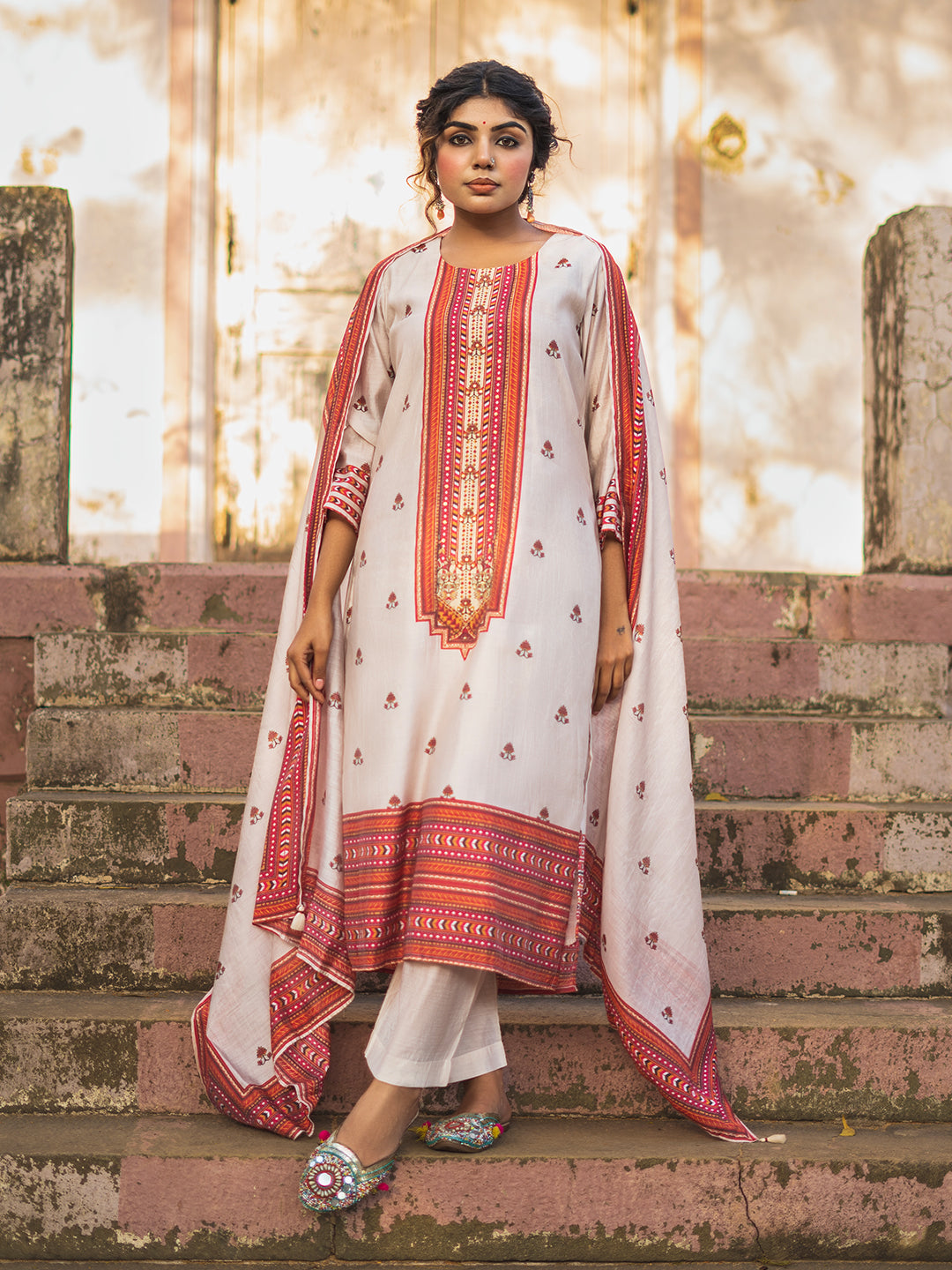 Off-white - Orange color Kashmiri rugs Digital Printed Chanderi Straight Kurta Pant Set with Dupatta earthofab