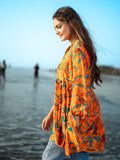 Orange Color Natural Crepe Asymmetrical Top with Abstract Print & Shells earthofab