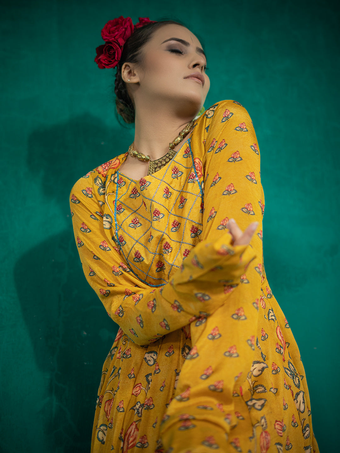 Yellow color Kalamkari Based Digital Printed Chinnon Straight Dresses & Gowns earthofab