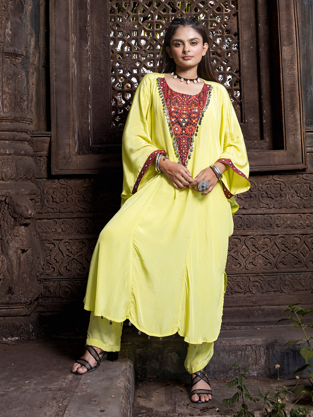 Neon Solid Color Based Natural Crepe Kaftan with Bottom with Hand Embroidery earthofab