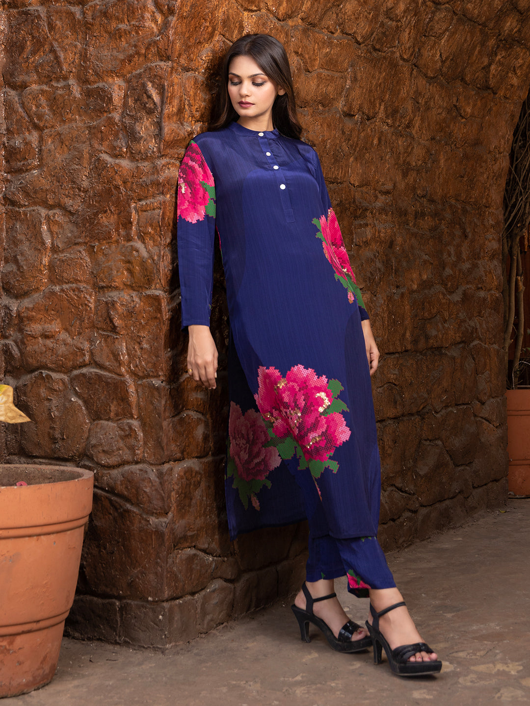 Blue Color Cross-Stitch Based Natural Crepe Straight Kurta Set with Hand Embroidery earthofab