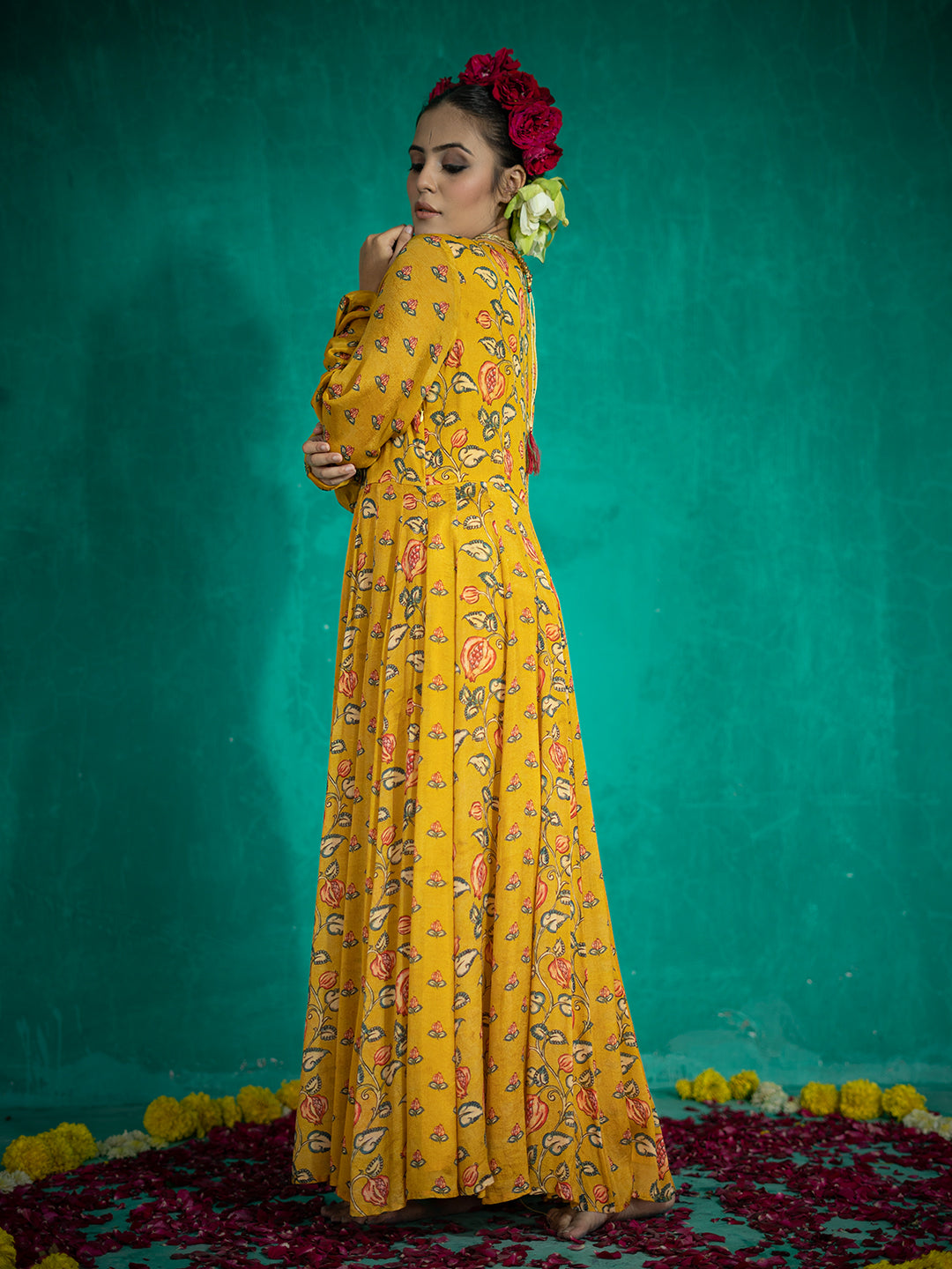 Yellow color Kalamkari Based Digital Printed Chinnon Straight Dresses & Gowns earthofab