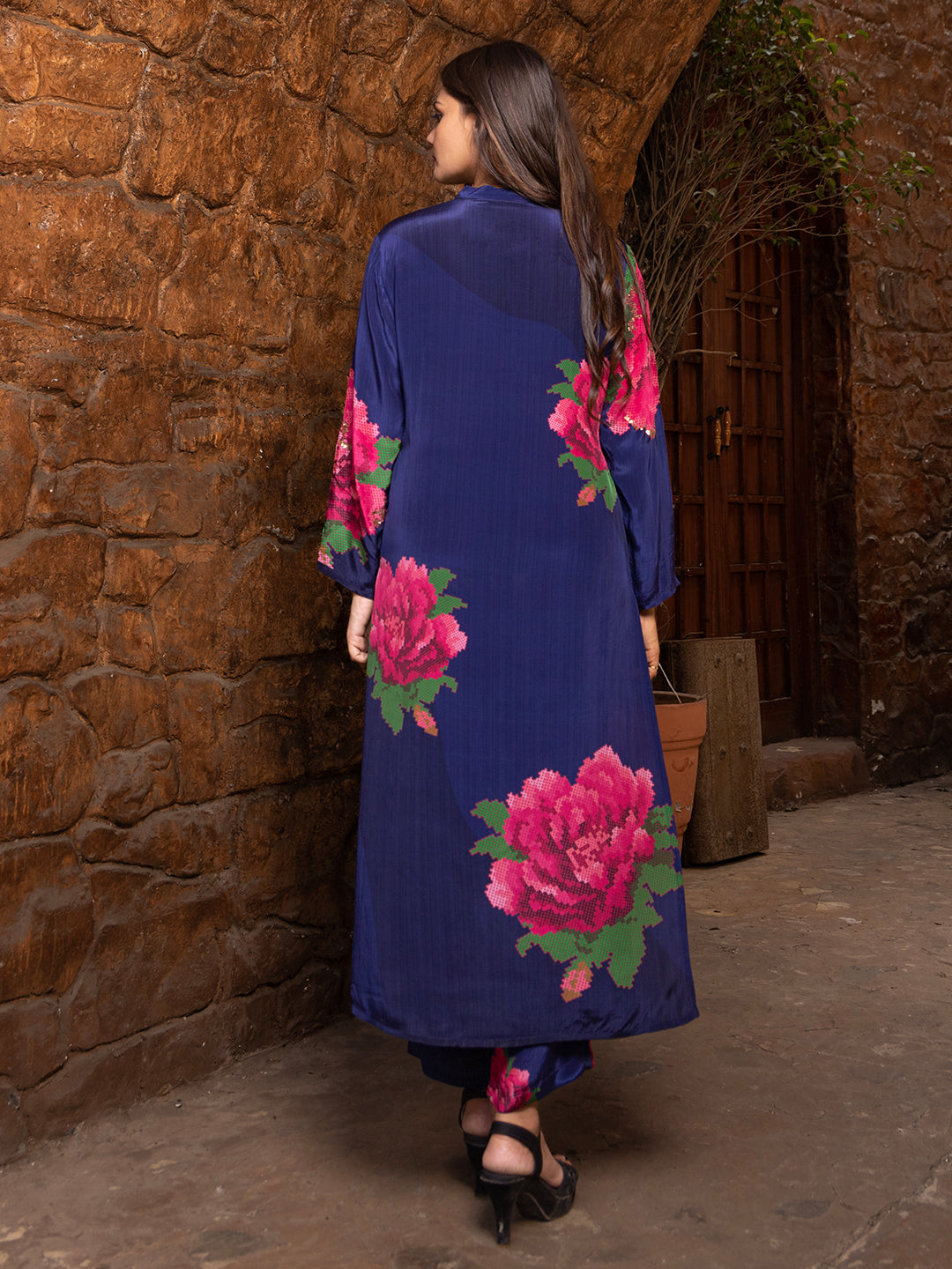 Blue Color Cross-Stitch Based Natural Crepe Straight Kurta Set with Hand Embroidery earthofab