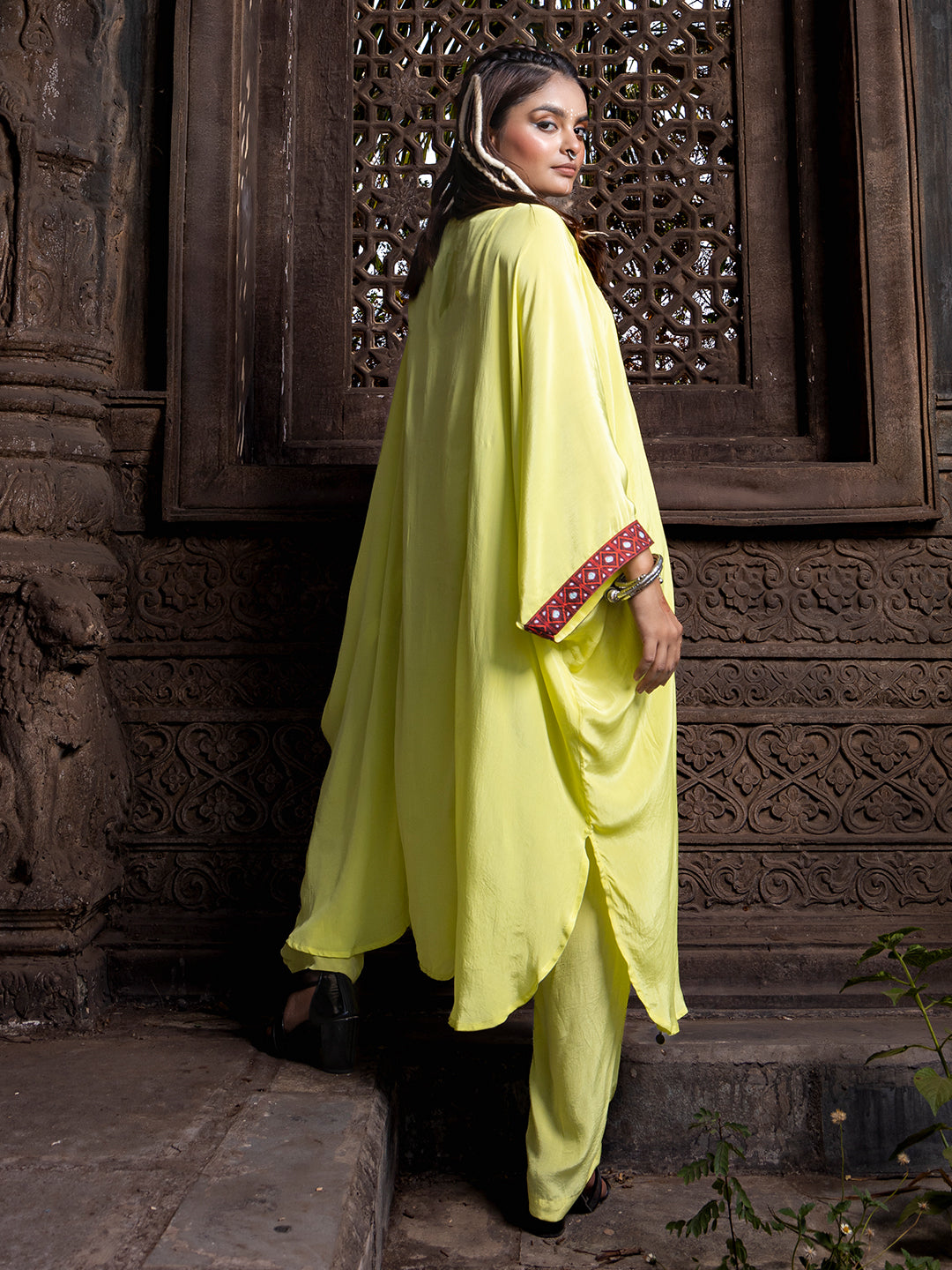 Neon Solid Color Based Natural Crepe Kaftan with Bottom with Hand Embroidery earthofab