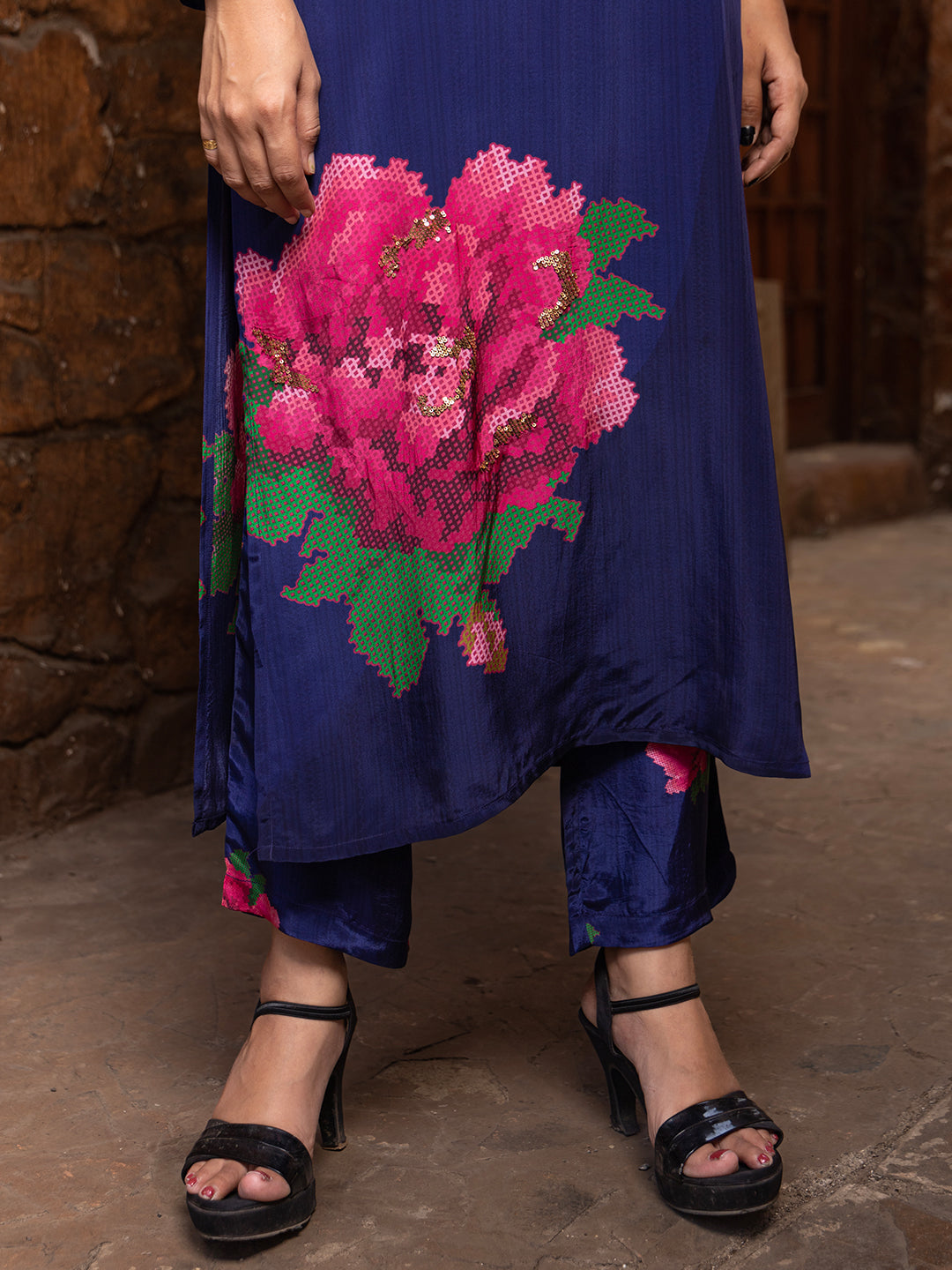 Blue Color Cross-Stitch Based Natural Crepe Straight Kurta Set with Hand Embroidery earthofab